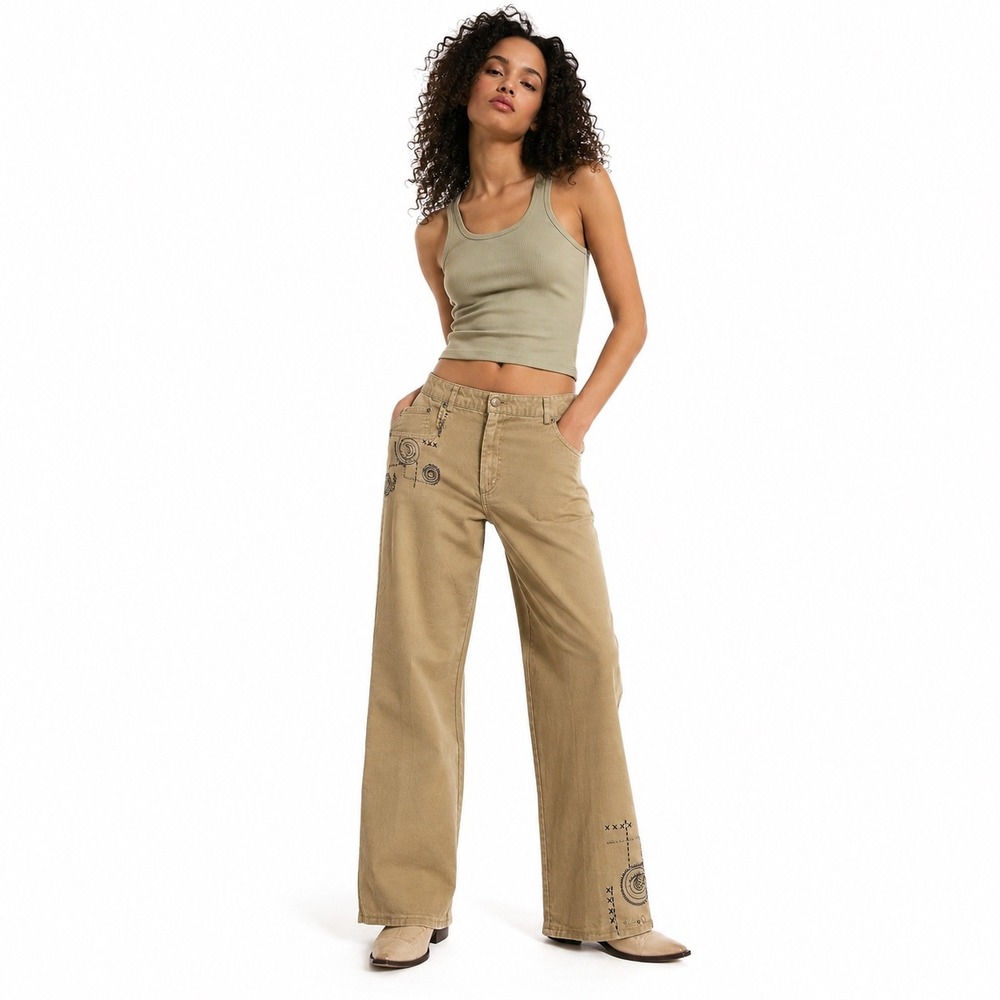 Hearts‎ of Palm Embellished Khaki Wide Leg Pants 16 Boho Indie  Cottagecore Y2K